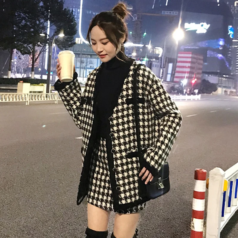 Черно-белый плед твидовый жакет + юбка костюм осень / зима женская шерстяная