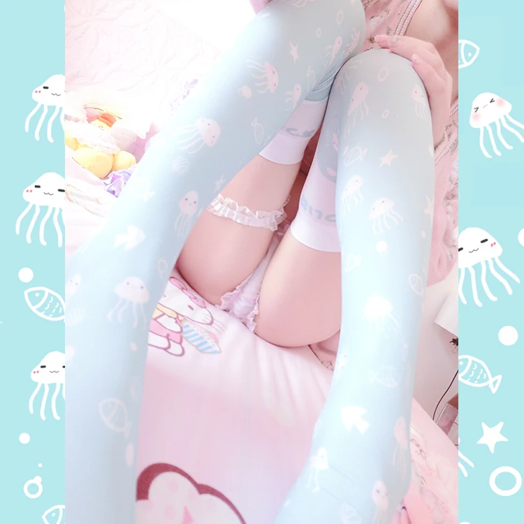 Lolita Stocking The songs of the Deep Sea Summer Cool Refreshing jellyfish Print knee high socks Japanese Anime Cosplay | Тематическая