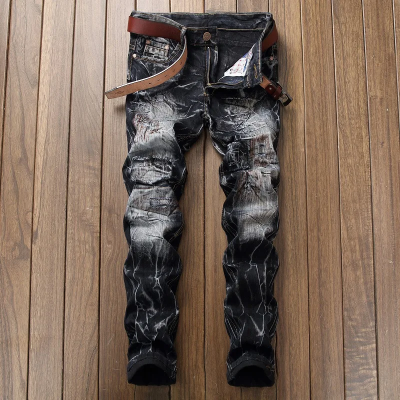 

Men's jeans retro tie-dye jeans casual four seasons men's ripped regular pants slim-fit motorcycle outer pants