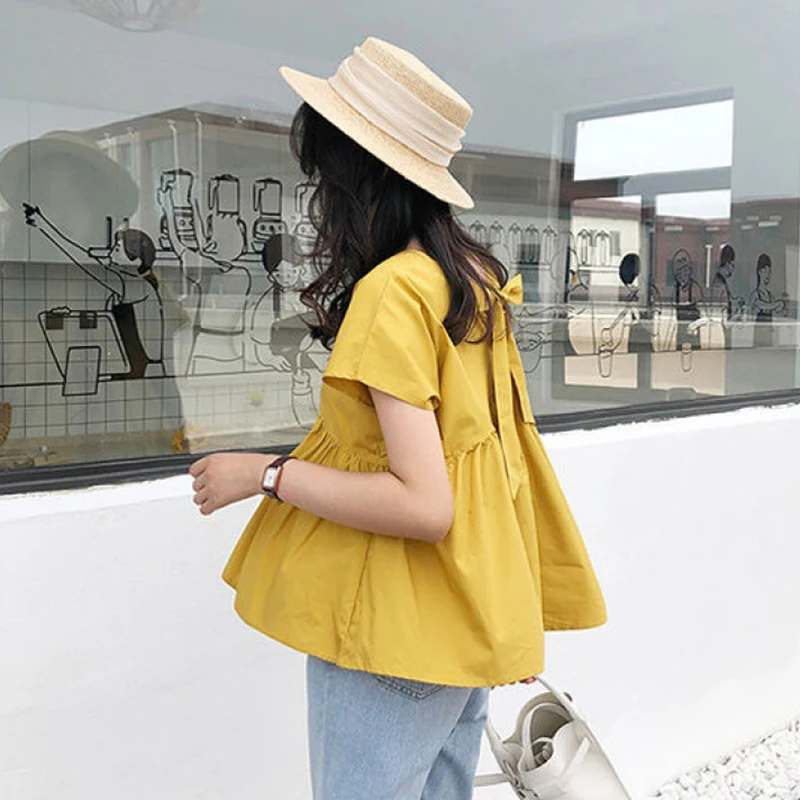 

Women Girls Summer Loose Shirt Solid Color Strapped Short Sleeve Round Neck Shirt Fluffy Hem Shirt Sweet Korean Style A6
