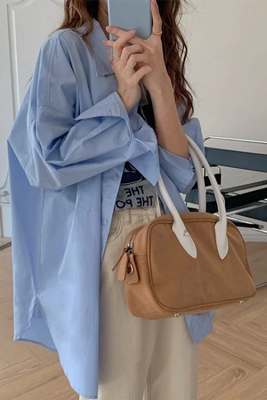 Дизайнерская синяя рубашка Длинный топ Bf Wind женская летняя Корейская Свободная с