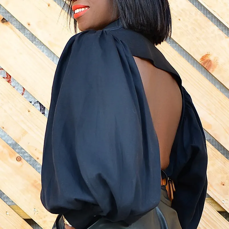 

Women Blouse Turn Down Collar Shirts Long Lantern Sleeve Backless Office Ladies Work Wear Bluas Female African Fashion Chic Tops