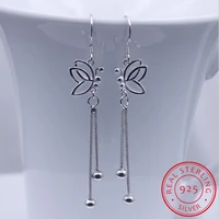 925 sterling silver butterfly long tassel beads drop earrings for women boucle doreille oorbellen s e65