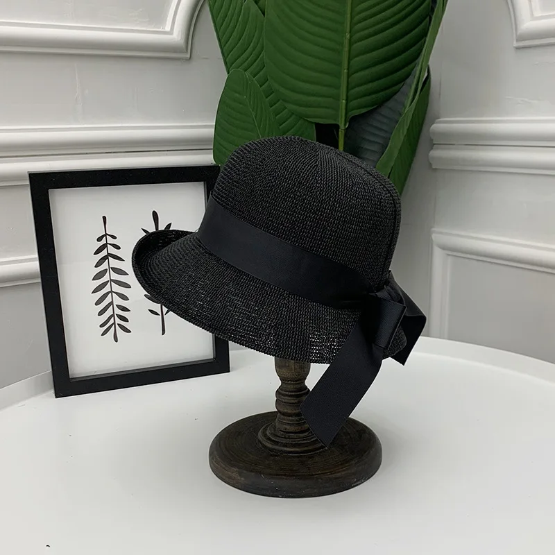 

Summer Hat Women's Flanging Bow Bucket Hat Korean Style Casual Fashion All-Matching Beach Anti-DDoS Sun-Shade Women Hats