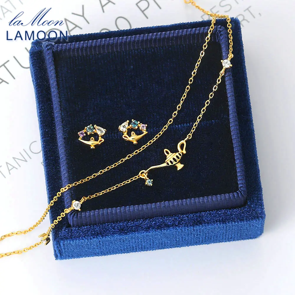 

LAMOON Silver 925 jewelry Set For Women Natural Stone Blue Topaz S925 Aladdin's Lamp Earring 14K Gold Plated Fine Jewelry V081