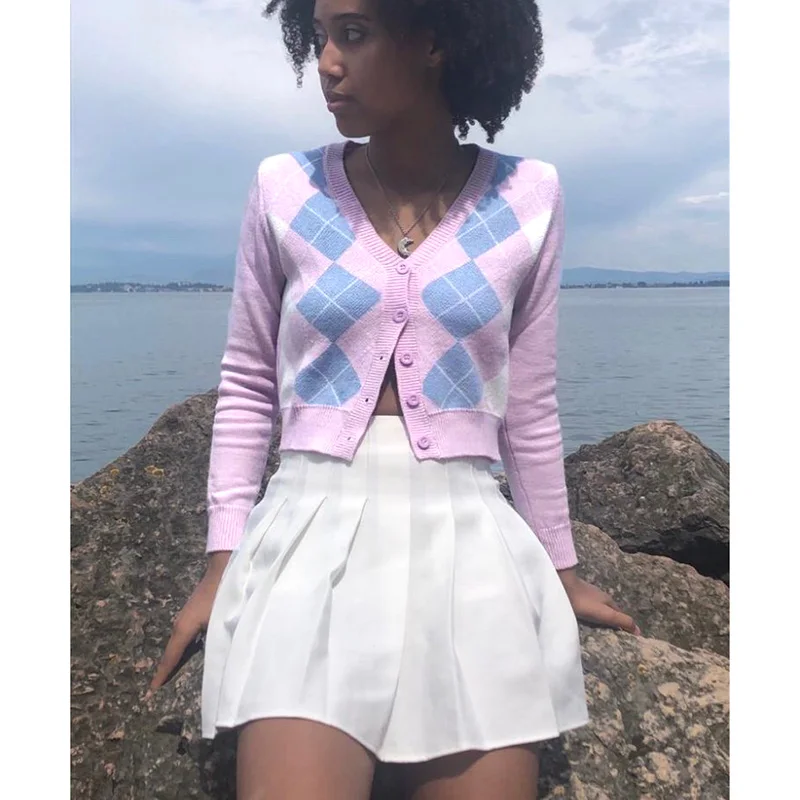 Винтажный милый ромбовидный вязаный кардиган с геометрическим узором женский