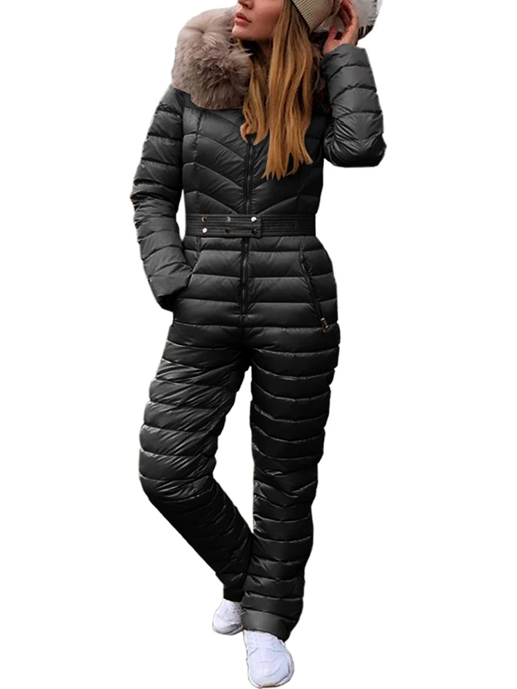 

Ski Jumpsuit Women Winter Quilted Parka Long Sleeve Fur Hooded Coat Warm Outerwear Cotton Padded Zip Up Snowsuit Skiing Jumpsuit