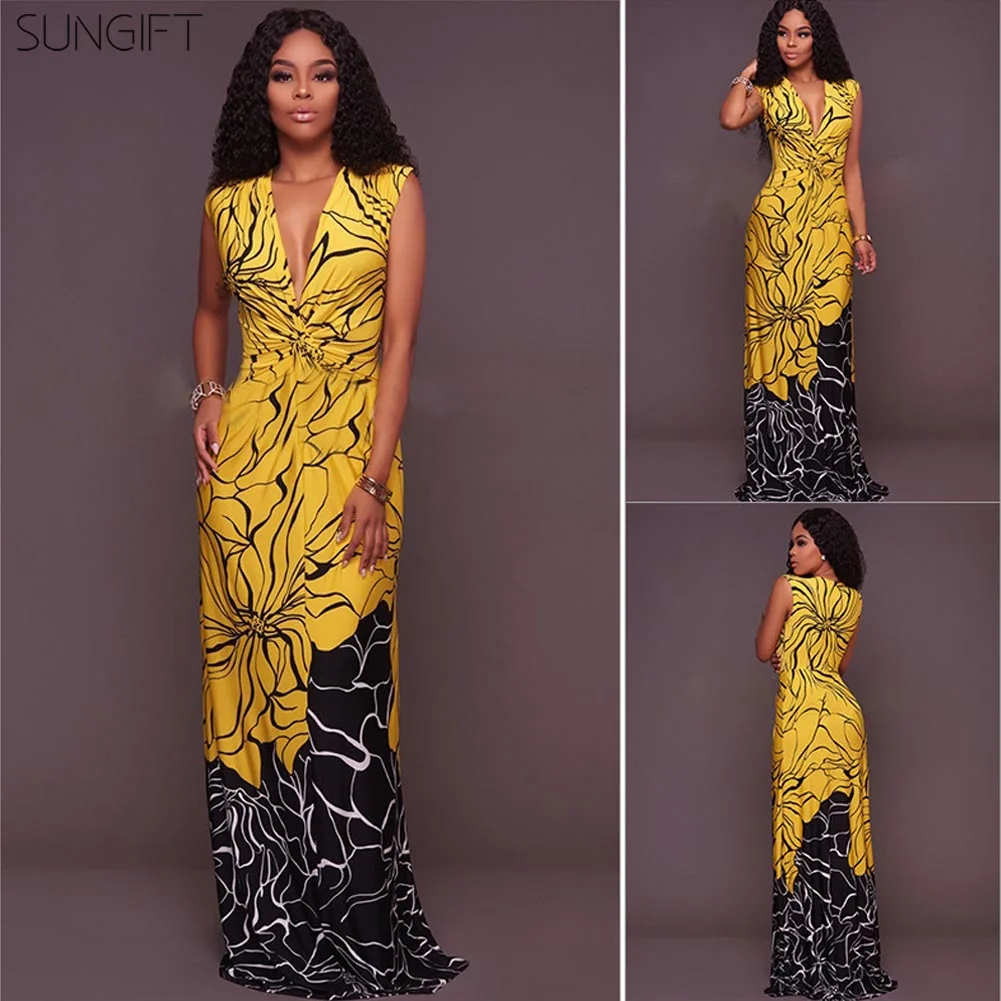 Женское платье макси без рукавов SUNGIFT летнее в африканском стиле с принтом Дашики