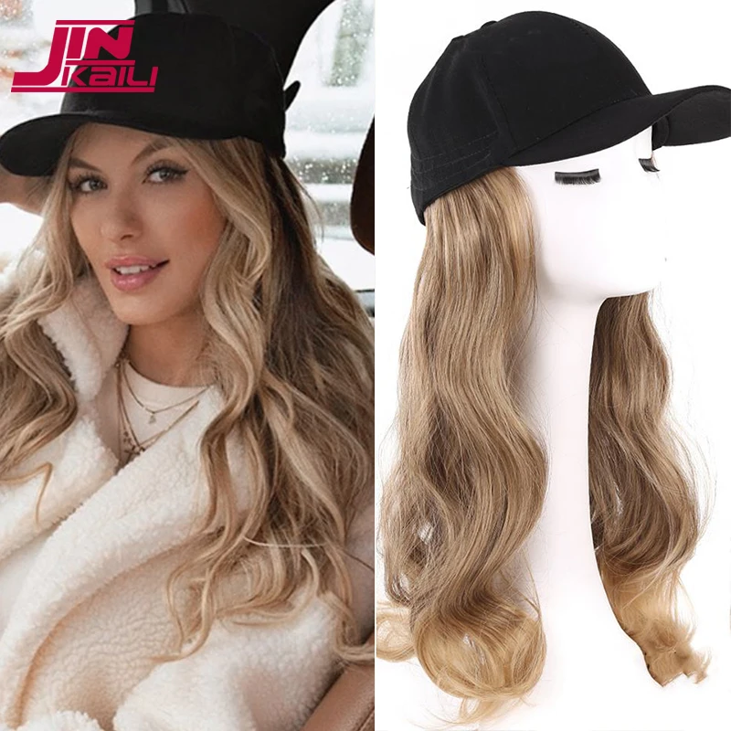 

JINKAILI Synthetic Long Wavy Baseball Wig Cap Adjustable Fake Hair Naturally Connect Brazilian Body Curly Wave for Women Hairnet