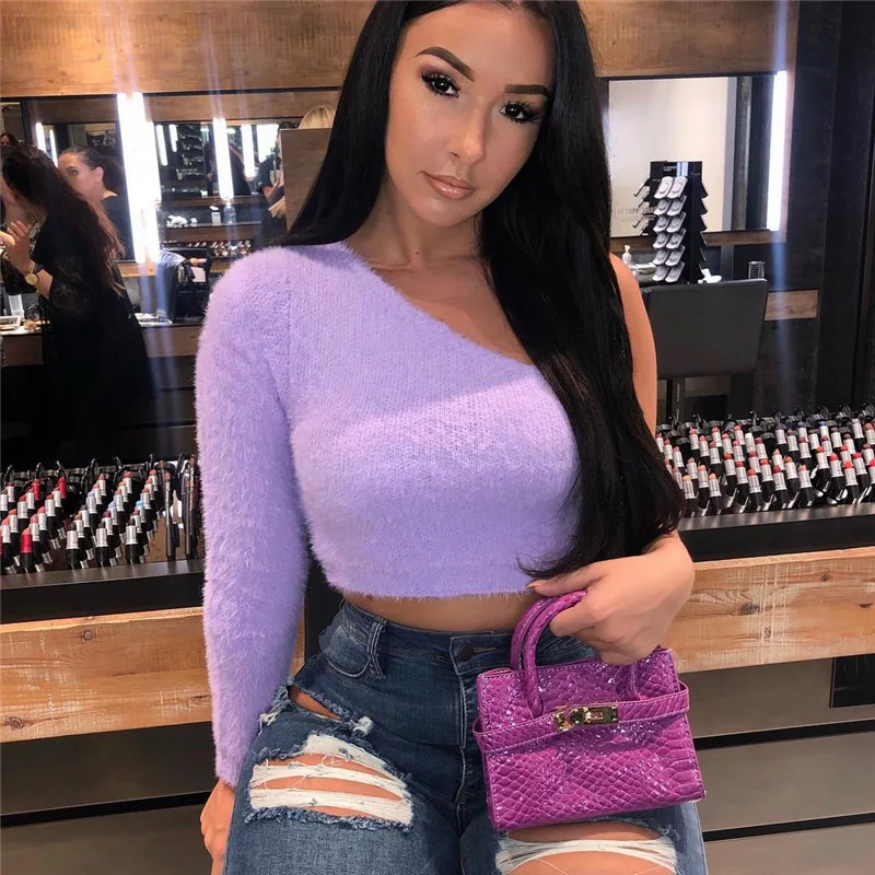 Сексуальный укороченный женский свитер с открытыми плечами мягкий зимний теплый