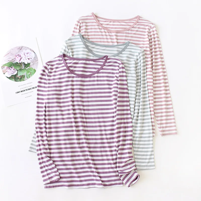 

Simple Striped Long-Sleeve T-shirt Sleep Wear Women Sleeping Clothes Autumn Modal Round Neck Sleep Dress Sleepshirt Sleepshirt