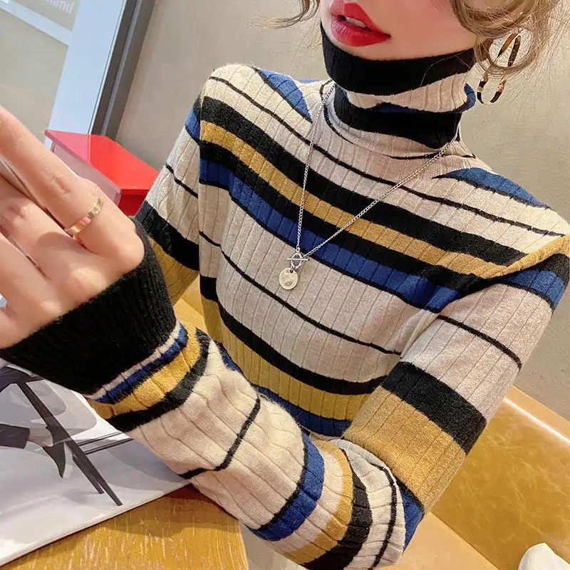 

Pile-collar bottoming shirt women 2021 new style autumn and winter soft waxy glutinous sweater color striped high-necked top