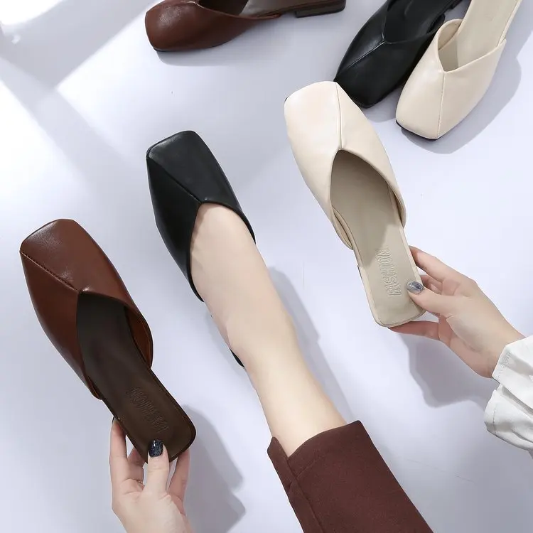 

Summer Flat Bottom Casual Toe Anti-slip Slipper Baotou Low Square Women's Shoes Lazy Leather Round Toe Sandal Slippers