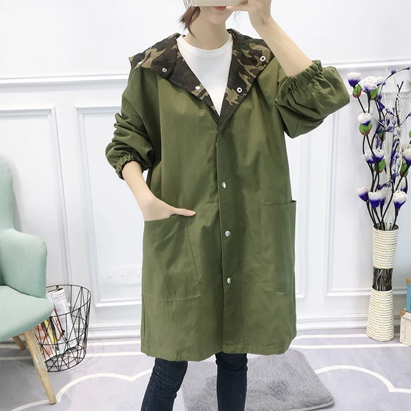

Autumn and winter large size women's hooded windbreaker 4XL 5XL 6XL 7XL 8XL camouflage two sides wearing jacket bust 136CM