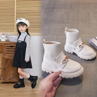 2021 metal chain girls boys fashion boots pu leather knitting patchwork slip on kids socks shoes anti slip children ankle boots