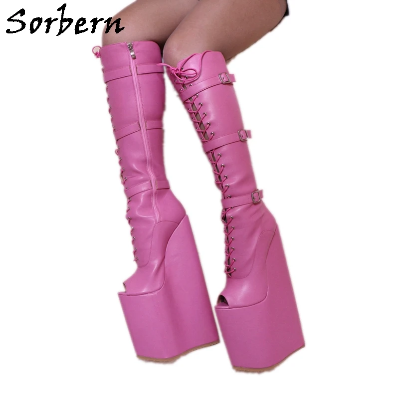 

Sorbern 30Cm Wedges Boots Women Knee High Lace Up Buckle Straps Open Toe High Instep Drag Queen Fetish Boot For Crossdresser