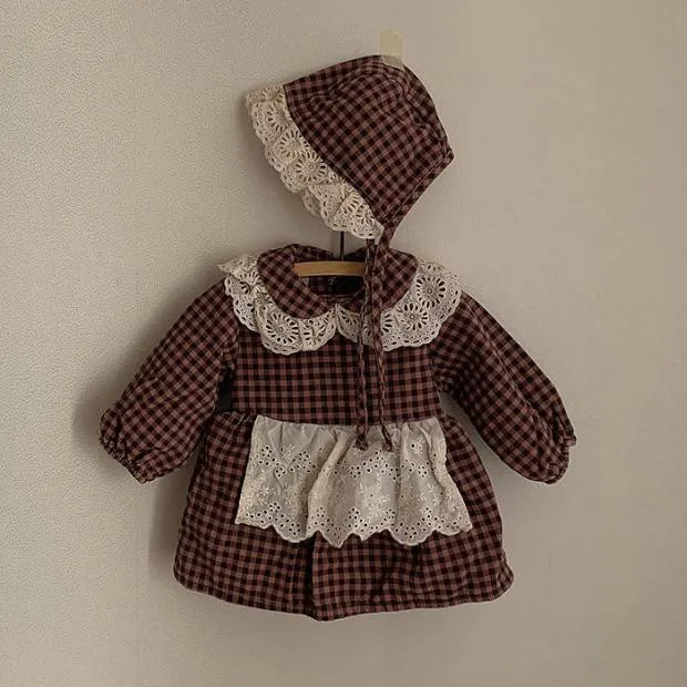 

2021 Baby Spring Romper Boys And Girls Lace Lapel Plaid Long-Sleeved Jumpsuit