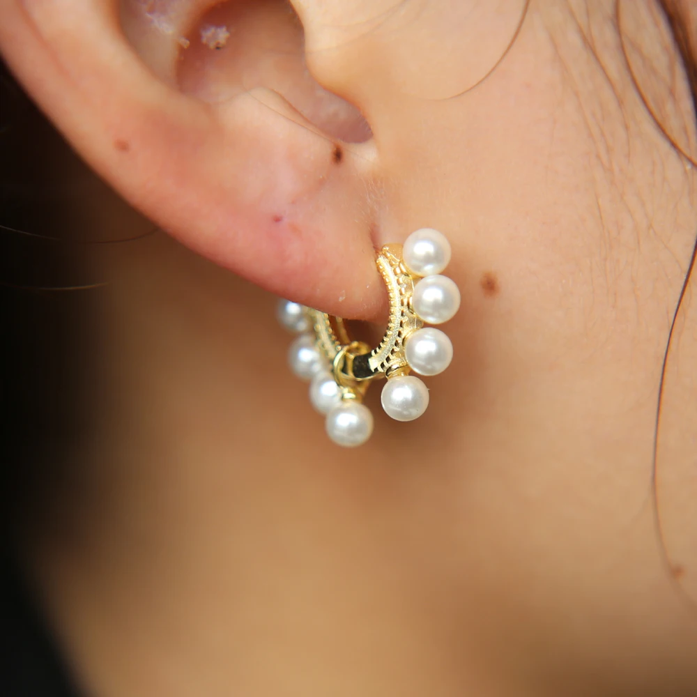 Женские классические серьги кольца из серебра 925 пробы с жемчугом 9 шт.