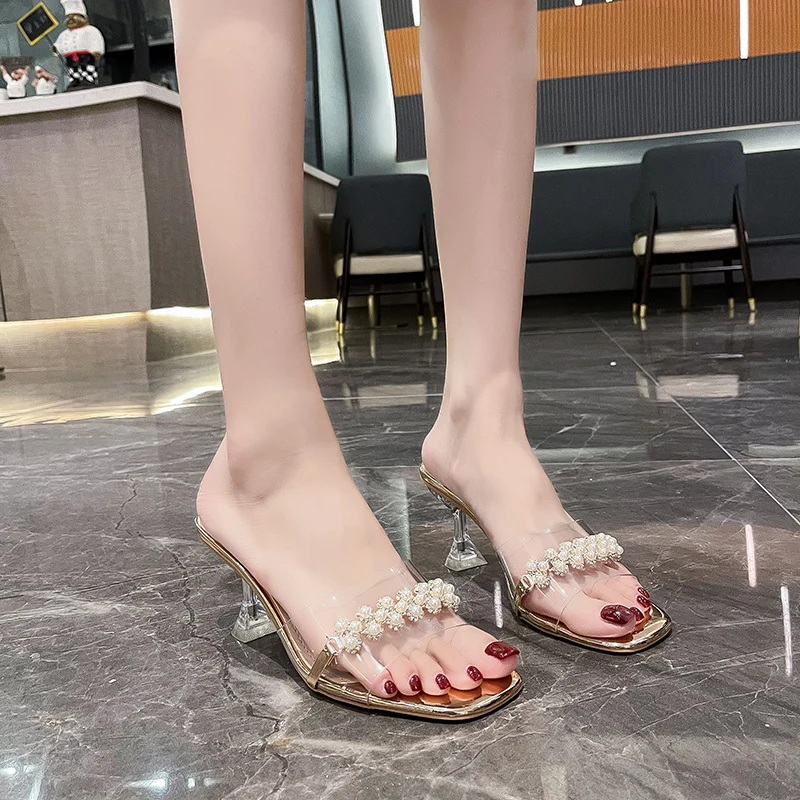 

Shoes Thin Heels Ladies' Slippers Heeled Mules Luxury Slides Slipers Women Jelly Flip Flops High Designer 2021 Glitter PU Fashio