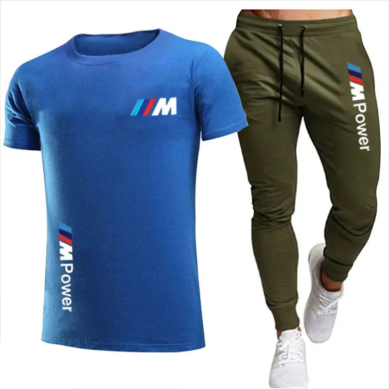 

2021 BM fashion casual sportswear summer letter printing suit men's jogging suit fitness clothes men's T-shirt + pants 2-piece