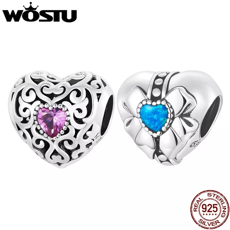 

WOSTU 925 Sterling Silver Vintage Heart Shape Pink Zircon Blue Opal Charms Beads For Women Fit Original Bracelet DIY Bangle