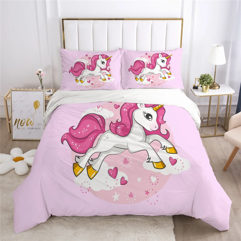 

New Unicorn Pattern Duvet Cover Set with Pillowcases 2/3pcs Cartoon Printed Adult Kids Bedding Sets Twin Full Queen King Size