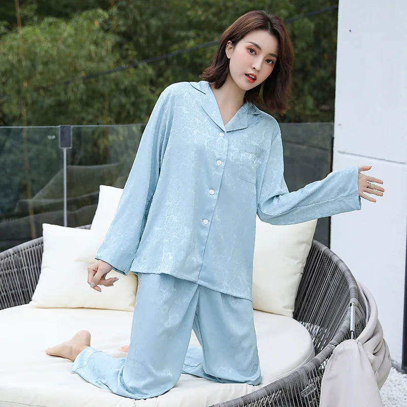 

Women Pajamas Set Spring Autumn New Satin Sleepwear Nightwear 2PCS Shirt&Pant Print Pijamas Suit Casual Bathrobe Home Wear