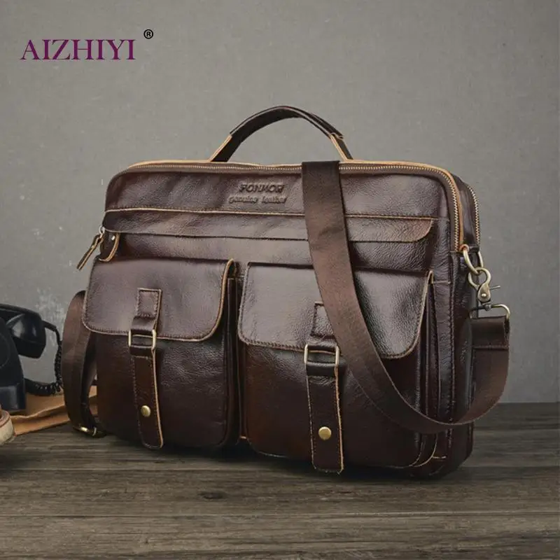 

Men Genuine Leather Briefcase Zip Casual Messenger Shoulder Bag Male Fashion Business Solid Color Handbags Top-handle Bags