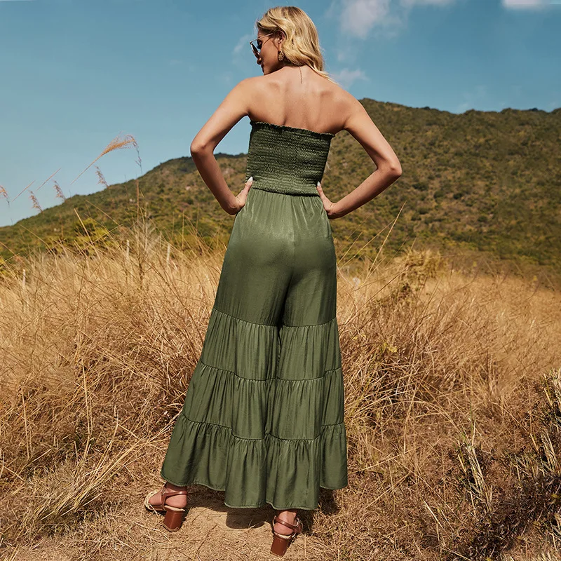 Summer Swimwear Cover Up Women Loose Casual Plus Size Beach Jumpsuit Coverups Pants Female Tunic Swimsuit Kaftan Praia Green