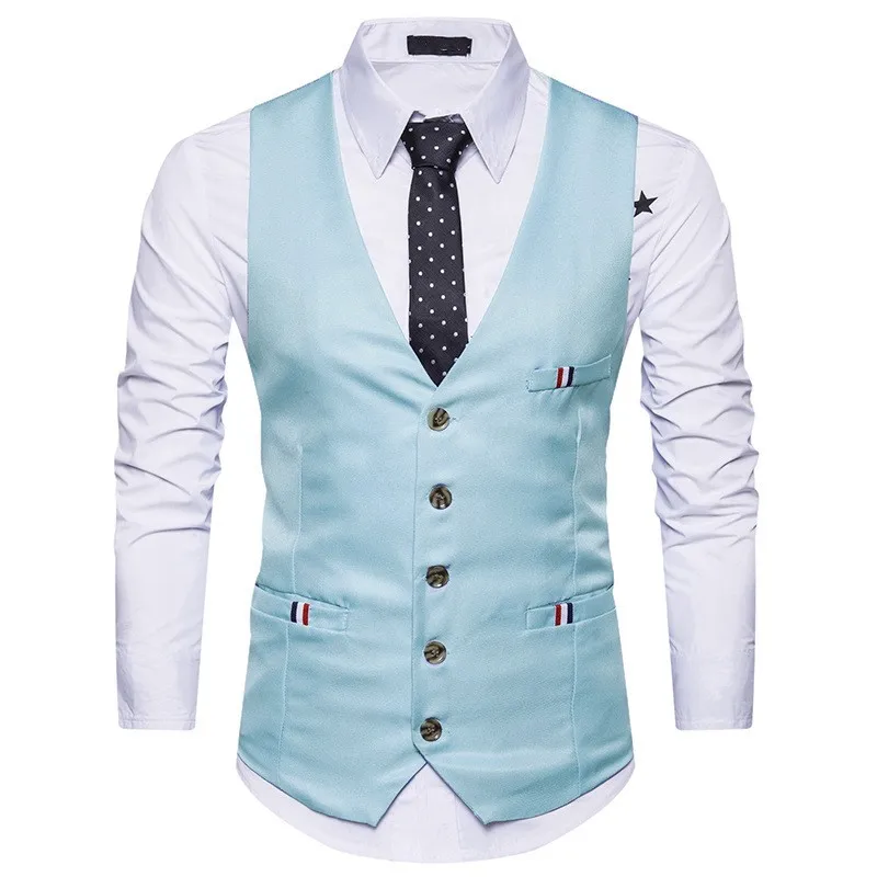 

New England Style Dress Vest Men Slim Fitness Casual Single Breasted Formal Suit Vest Blue White Sleeveless Jacket Male