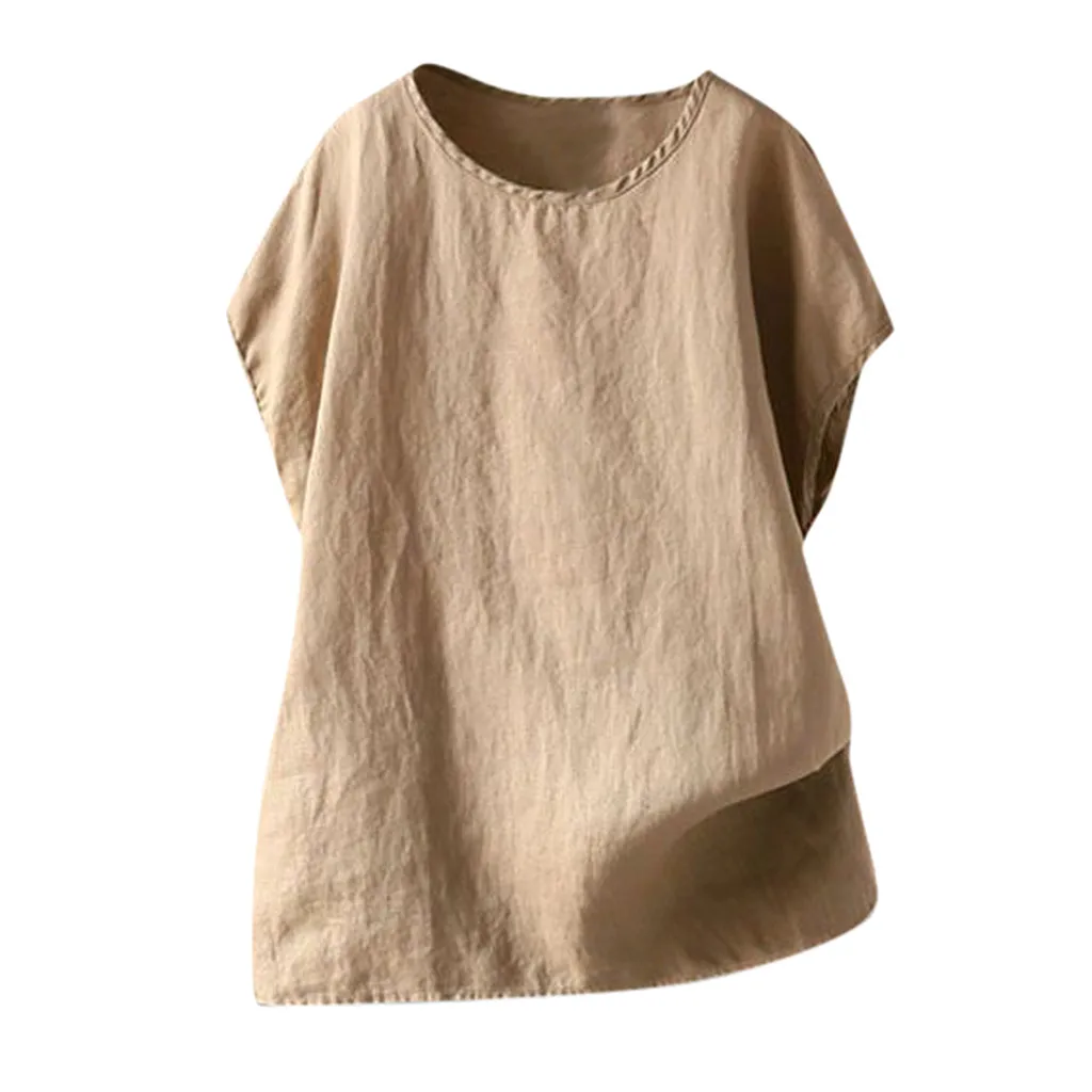 

2021 Summer Autumn Women's Solid Short Sleeve Round Neck T-shirt Ladies Casual Linen Shirts Plus Size Blouse Tops#Q