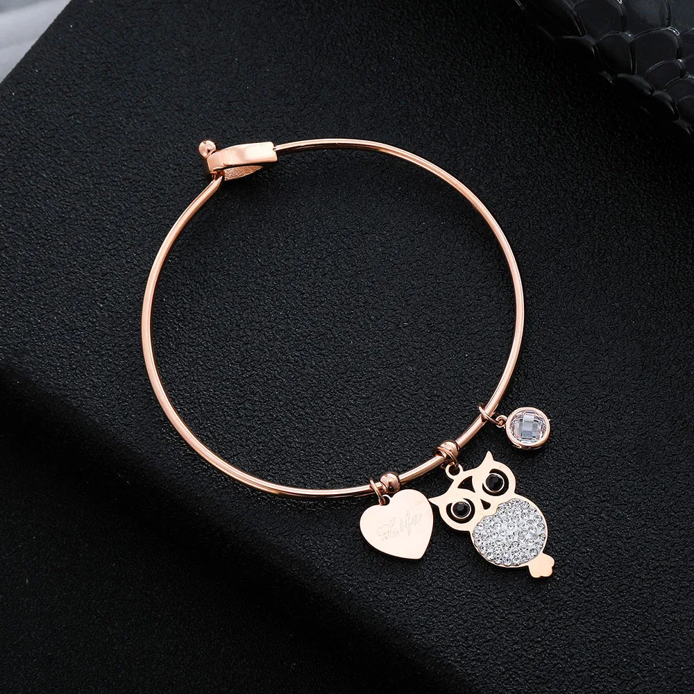 

Heart Owl Charm Bracelets Stainless Steel Rose Gold Cuff Bangles For Women Trendy Jewelry Accessories Gift 2021 Dropshipping
