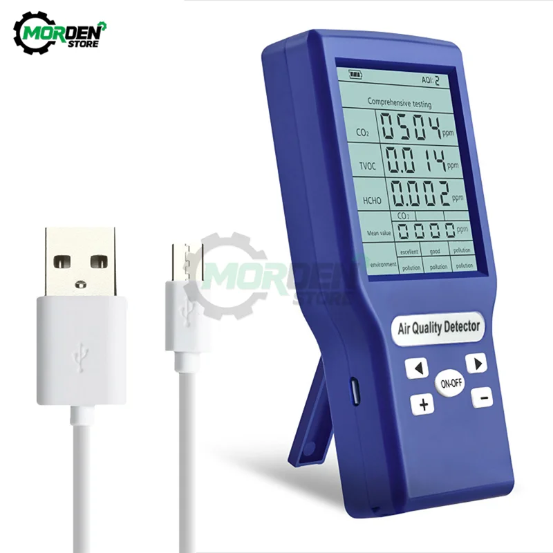 

CO2 0-5000 ppm Meters Formaldehyde TVOC Air Quality Detector PM2.5 Carbon Dioxide Tester Detector Built-in Battery