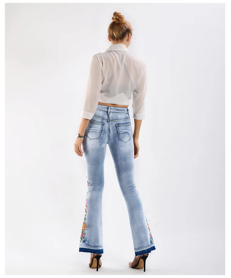 

MSXU Hot sale denim 3D embroidered trousers with wide leg pants washed flared jeans high waist