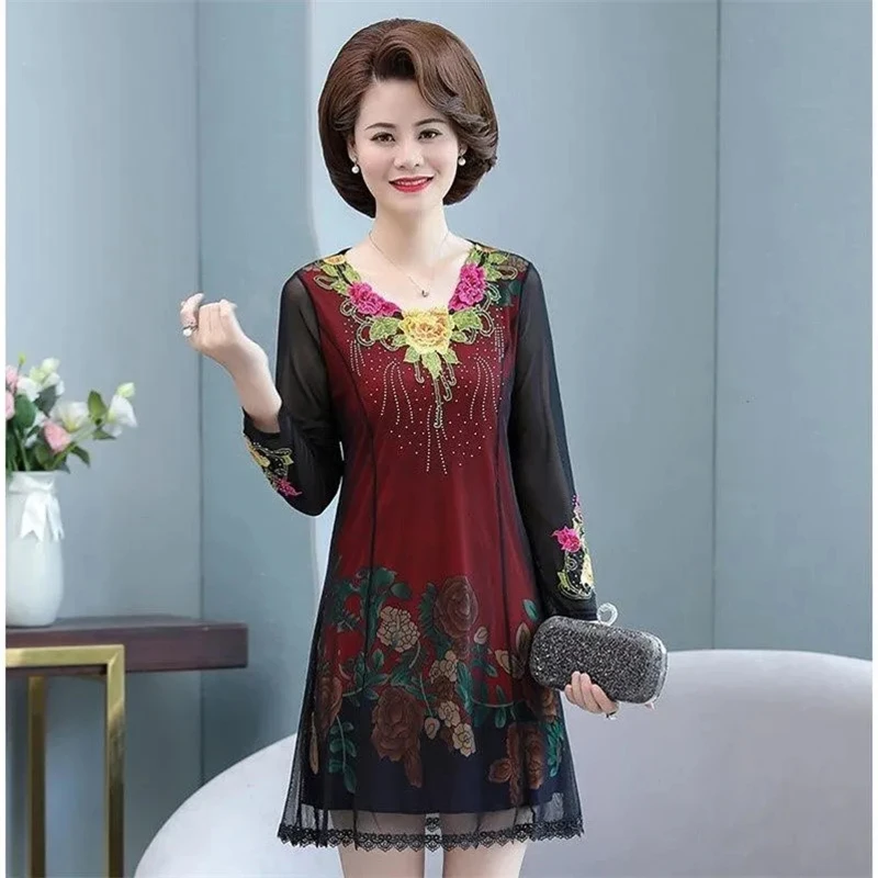 

Gauze patchwork Printing Long sleeve Dress Women Fashion Casual plus size loose Dresses ladies Summer elegant Knee-Length Dress