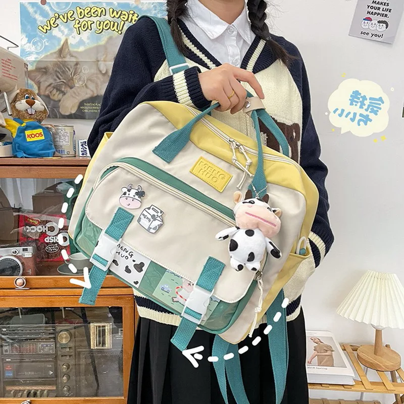

Women Cute Cow Backpack Female Student College Schoolbag Girl Badge Multifunctional Backpacks Kawaii Ladies Waterproof Nylon Bag