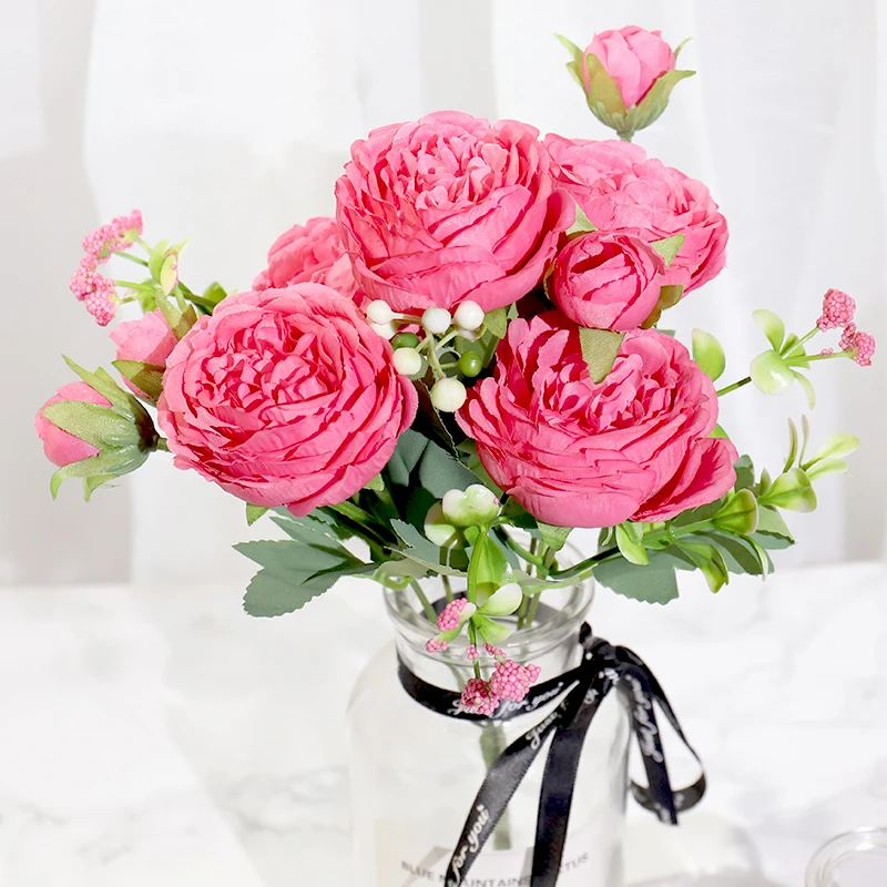 

Pink Silk Peony Artificial Flowers Rose Wedding Home DIY Decor High Quality Big Bouquet Foam Accessories Craft White Fake Flower