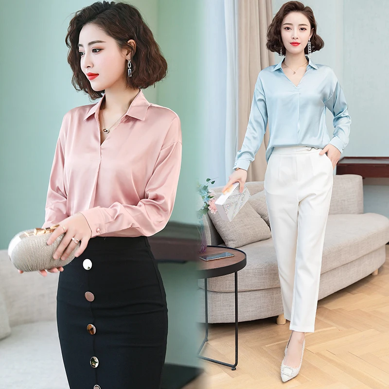 Весенние корейские модные шелковые женские блузки атласные однотонные Женские