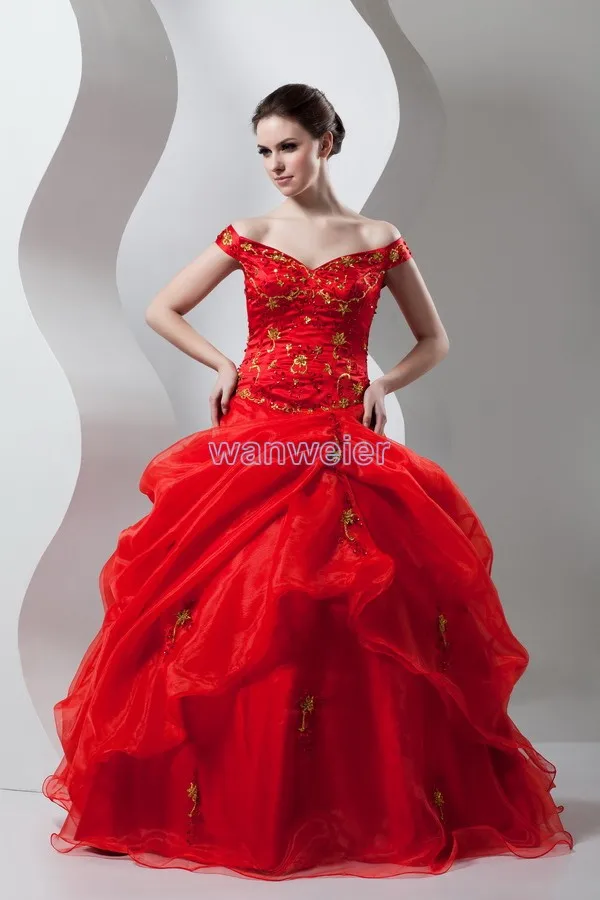 

free shipping new design hot seller custom size/color cap sleeve taffeta embroidery bridal ball gown chinese red wedding dress
