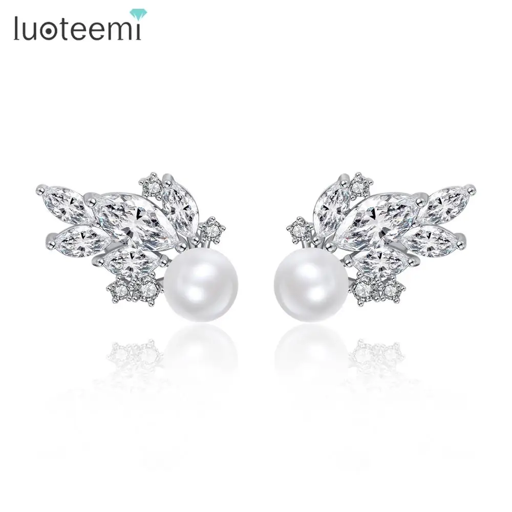 LUOTEEMI, новинка, романтические серьги-гвоздики с искусственным жемчугом для женщин, девушек, свиданий, свадеб, с блестящим кубическим цирконием, модное ювелирное изделие, подарок