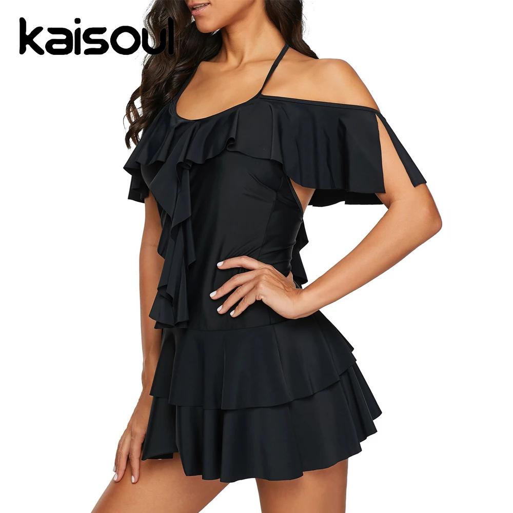 Solid Black Ruffle Tankini Set Backless One Shoulder Women's Tracksuit Skirt Suit Tie Vintage Plus Size Swimsuit Women Push Up