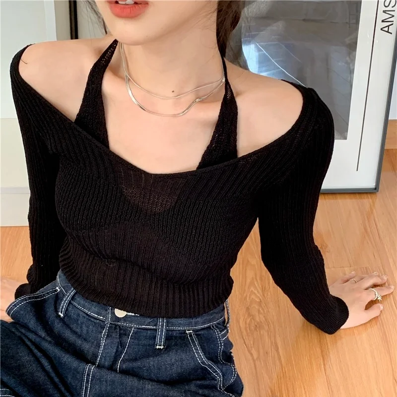 

2021 Autumn Fake Two-piece Halter Long Sleeve Slim Tight Bottoming Whiter Sweater Autumn Sexy Off Shoulder Knitted Sweater Top