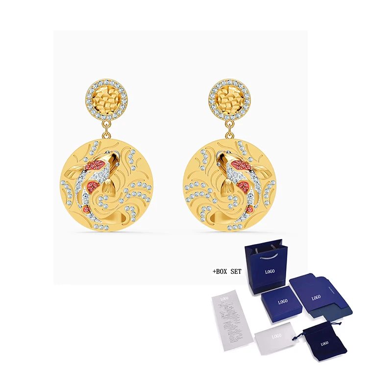 

Fashionable SWA New SHINE FISH Pierced Earrings, Exquisite Coin Shape And Small Koi Gold-Plated Chain, Jewelry Gifts For Women
