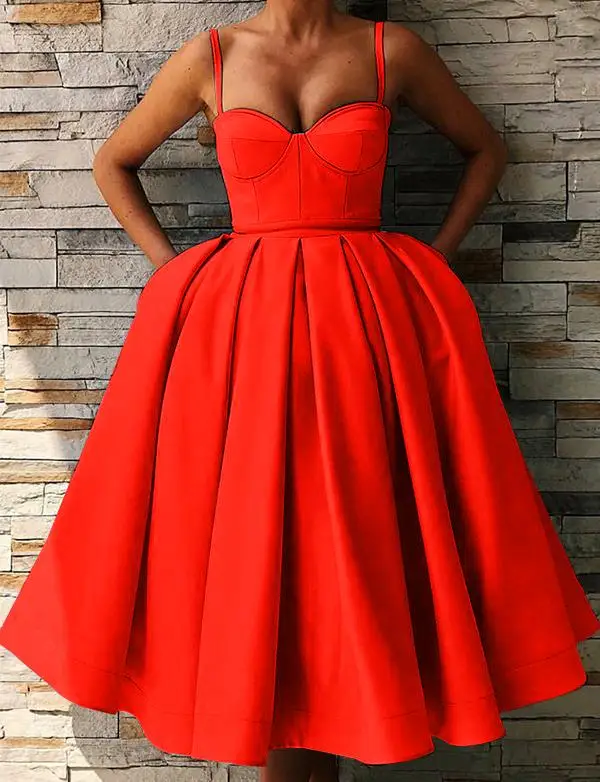 CloverBridal ТРАПЕЦИЕВИДНОЕ атласное платье по колено Бальные платья 2021 с карманами