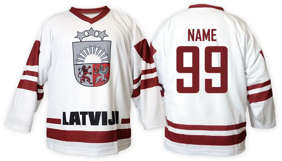 

Team Latvia Latvija white red MEN'S Hockey Jersey Embroidery Stitched Customize any number and name
