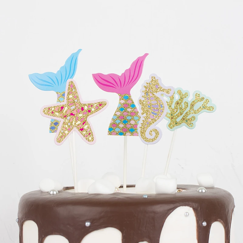 As picture 5pcs Cakelove Ins Корона русалка украшения лазер синий рыбий хвост торт Топпер для дня детей Товары для вечеринки, дня рожденья десерт милый - Цвет: As picture 5pcs