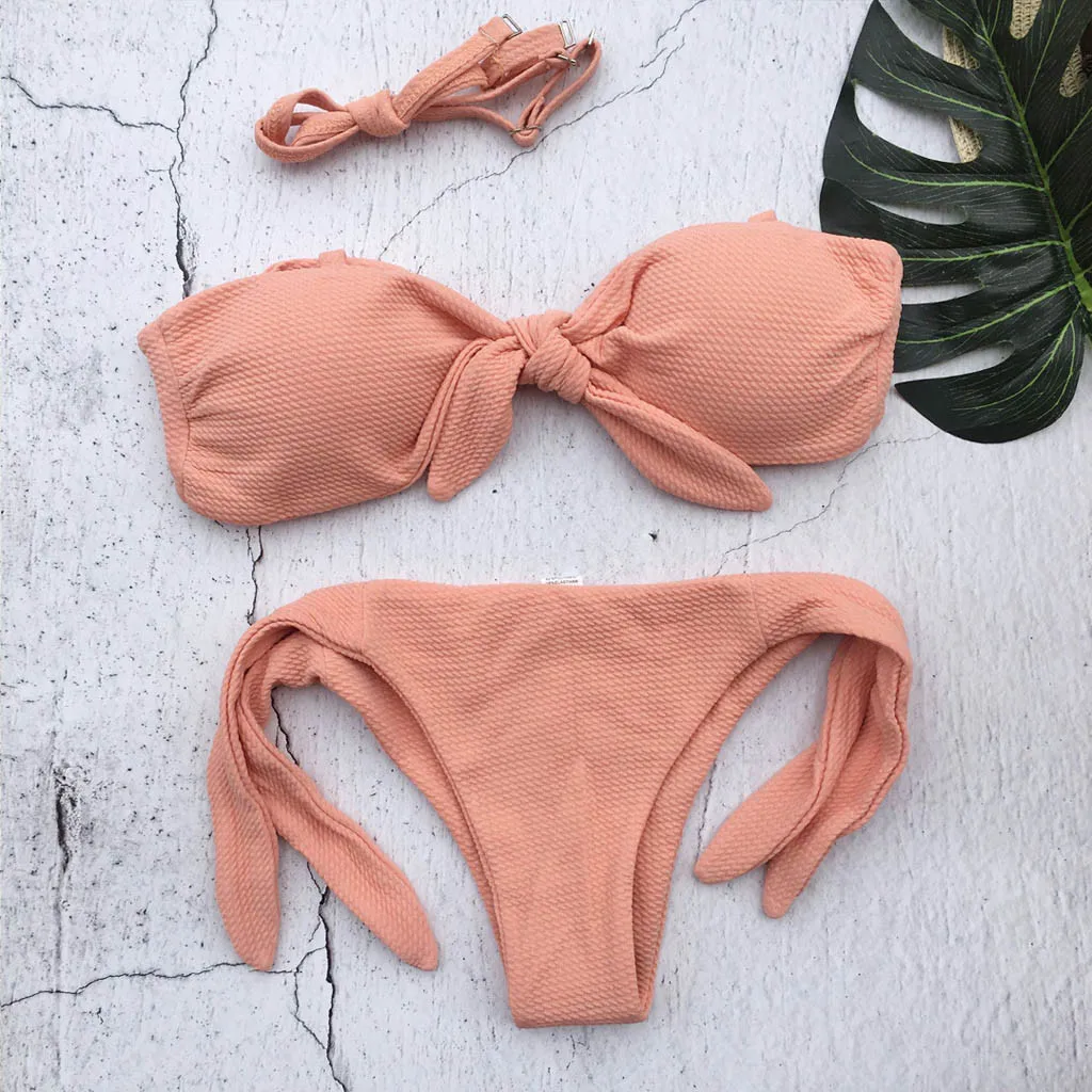 

Tube Top Sexy elegant beach hoilday Bikini Set Push-Up Padded Bow Solid Swimwear Femme hight Waist Brazilian Beachwear mujer2020