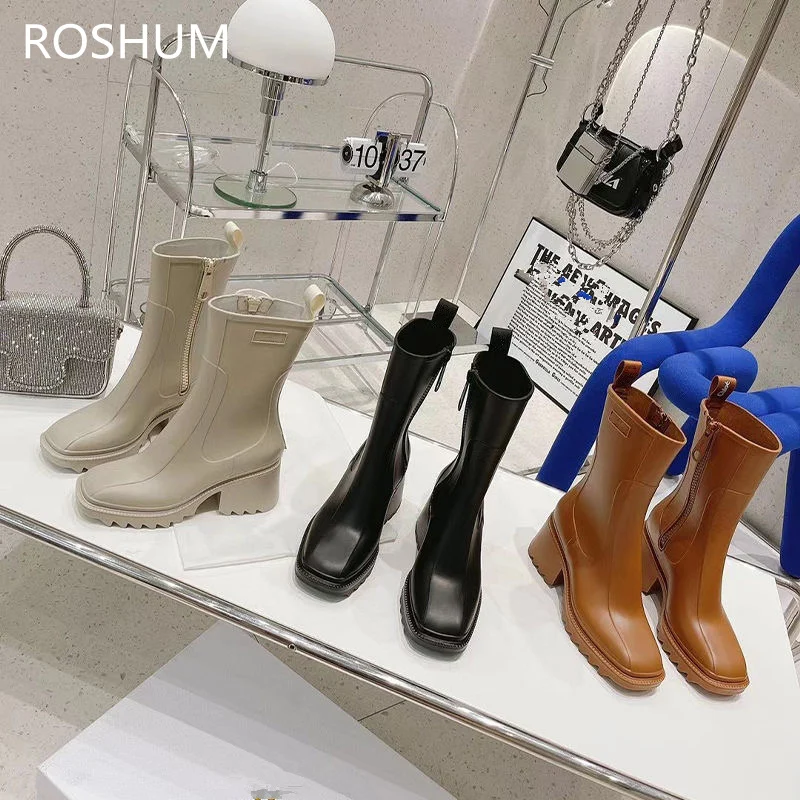 

2021Designer Women Boots High Heels Pvc Rain Boots Platform Boots Women Motorcycle Platform Shoes Luxury Warm Waterproof Shoes