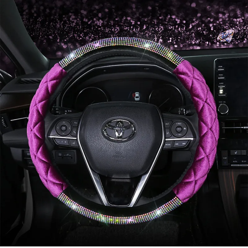 

2020 high fashion plush colorful interior car decorations steering wheel cover crystal ladies