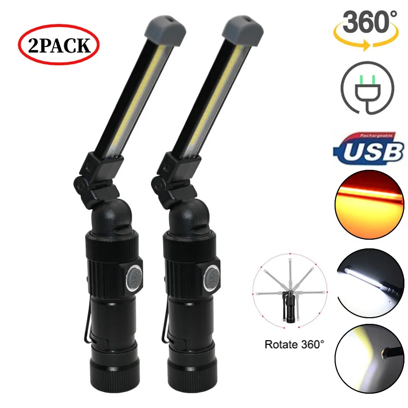 

USB Rechargeable Flashlight with Built-in Battery Set Multi Function Folding Work Light COB LED Lamp Camping Torch